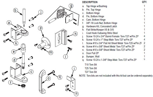 Bradley Toilet Partition Door Hardware Kit, Flat Strike, OutSwing, ZD2-FS