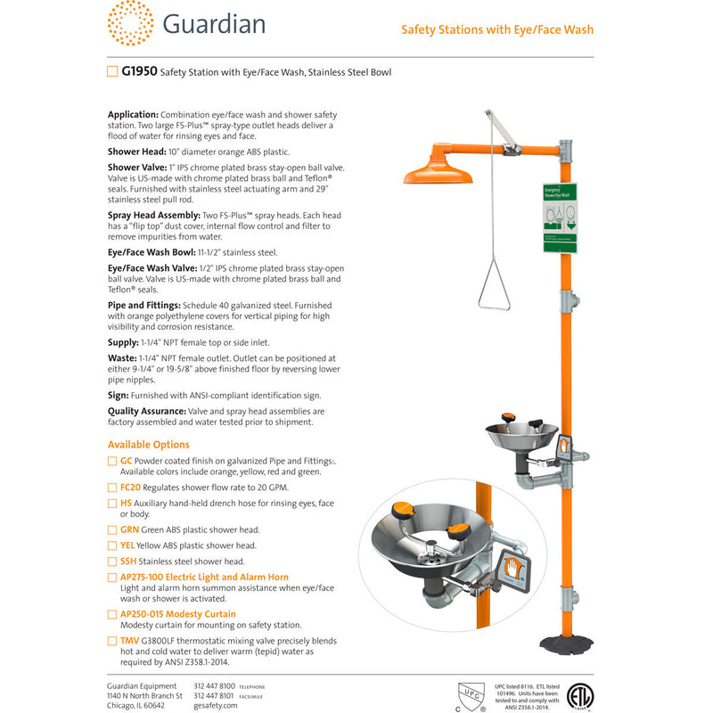 Guardian G1950 Safety Station with Eye/Face Wash Station, Stainless Steel Bowl