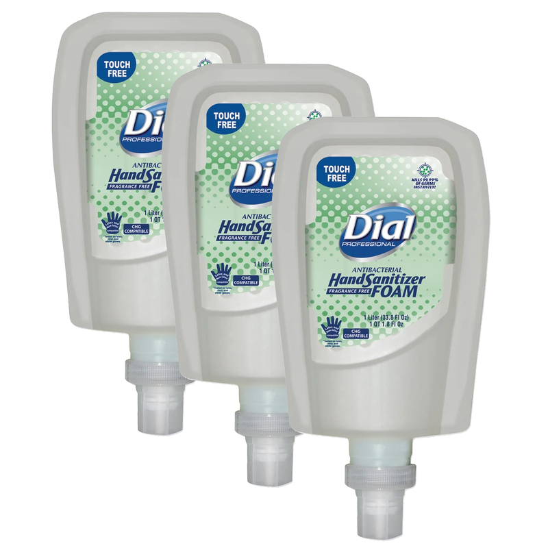 Dial Antibacterial Foaming Hand Sanitizer Refill For Fit Touch Free Dispenser, 1 L Bottle, Fragrance-Free, 3/carton - DIA16694