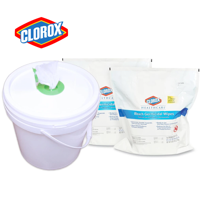 Clorox Healthcare Bleach Germicidal Wipes, 12 x 12, Unscented, 110/Refill, 2/Carton w/ Heavy Duty Dispenser Bucket w/ Pop-Up Plug