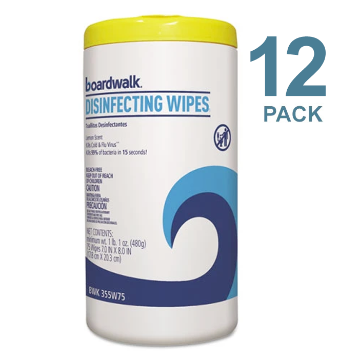 Boardwalk Disinfecting Wipes, 8 X 7, Lemon Scent, 75/Canister, 3 Canisters/Pack, 4/Pks/Ct - BWK455W753CT