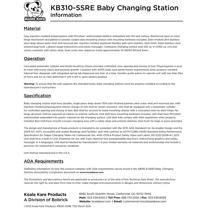 Koala Kare KB310-SSRE Horizontal Stainless Steel Recessed-Mounted Baby Changing Station