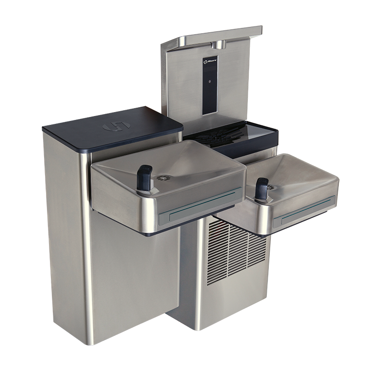 Haws 1212S Stainless Steel Hi-Lo Wall Mount ADA Water Cooler, Electronic Valve & Pushbar Assembly & Bubbler Deactivation w Sensor Operated Bottle Filler