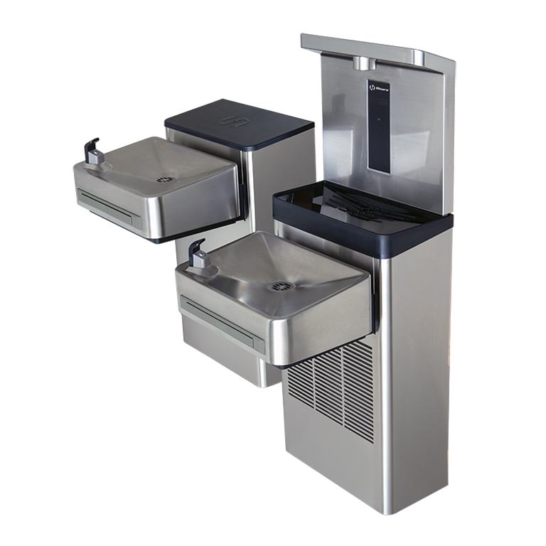 Haws 1212S Stainless Steel Hi-Lo Wall Mount ADA Water Cooler, Electronic Valve & Pushbar Assembly & Bubbler Deactivation w Sensor Operated Bottle Filler
