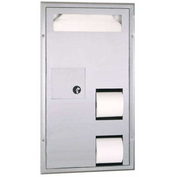 Bobrick B-35715 Partition-Mounted Seat-Cover Dispenser, Sanitary Napkin Disposal, and Toilet Tissue Dispenser