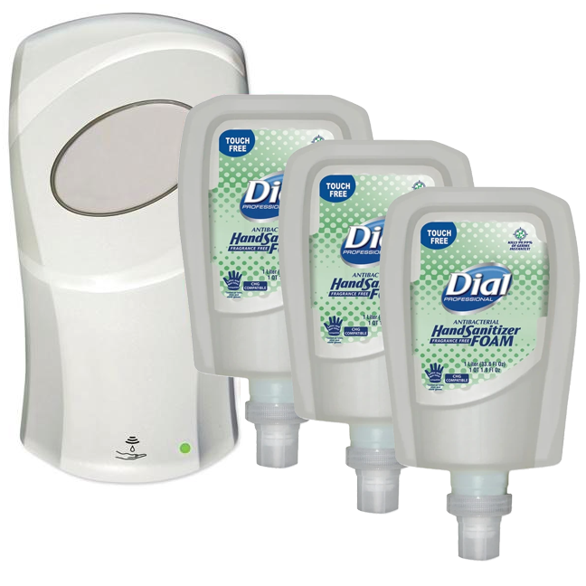 Dial Fit Touch Free Automatic Hand Sanitizer Dispenser Kit, Foam, White, Includes 3PK Foam Hand Sanitizer Refills - DIALKIT-03