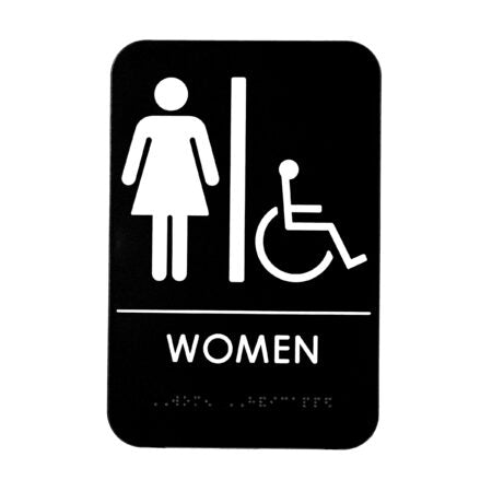 Women's Braille Handicapped Restroom Sign, ADA Compliant, Black & White w/ Adhesive Strips Included, 6