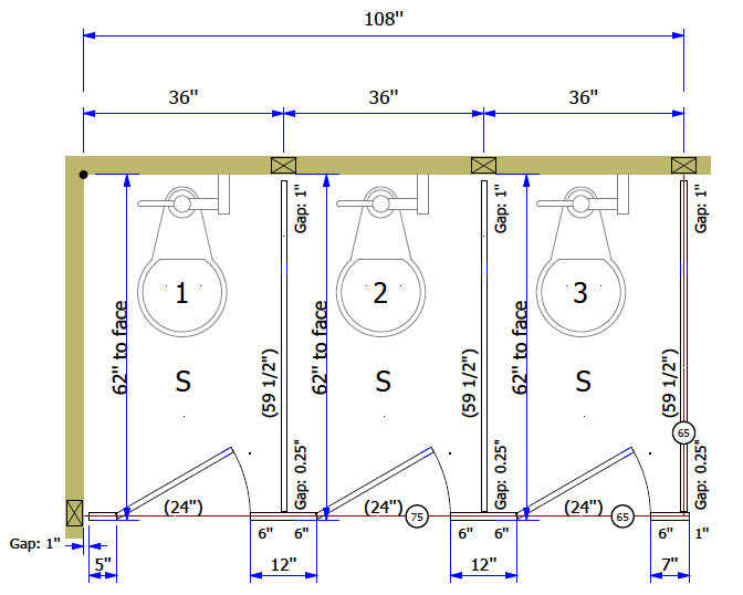 ASI Global Toilet Partition, 3 In Corner Compartments, Metal, 108