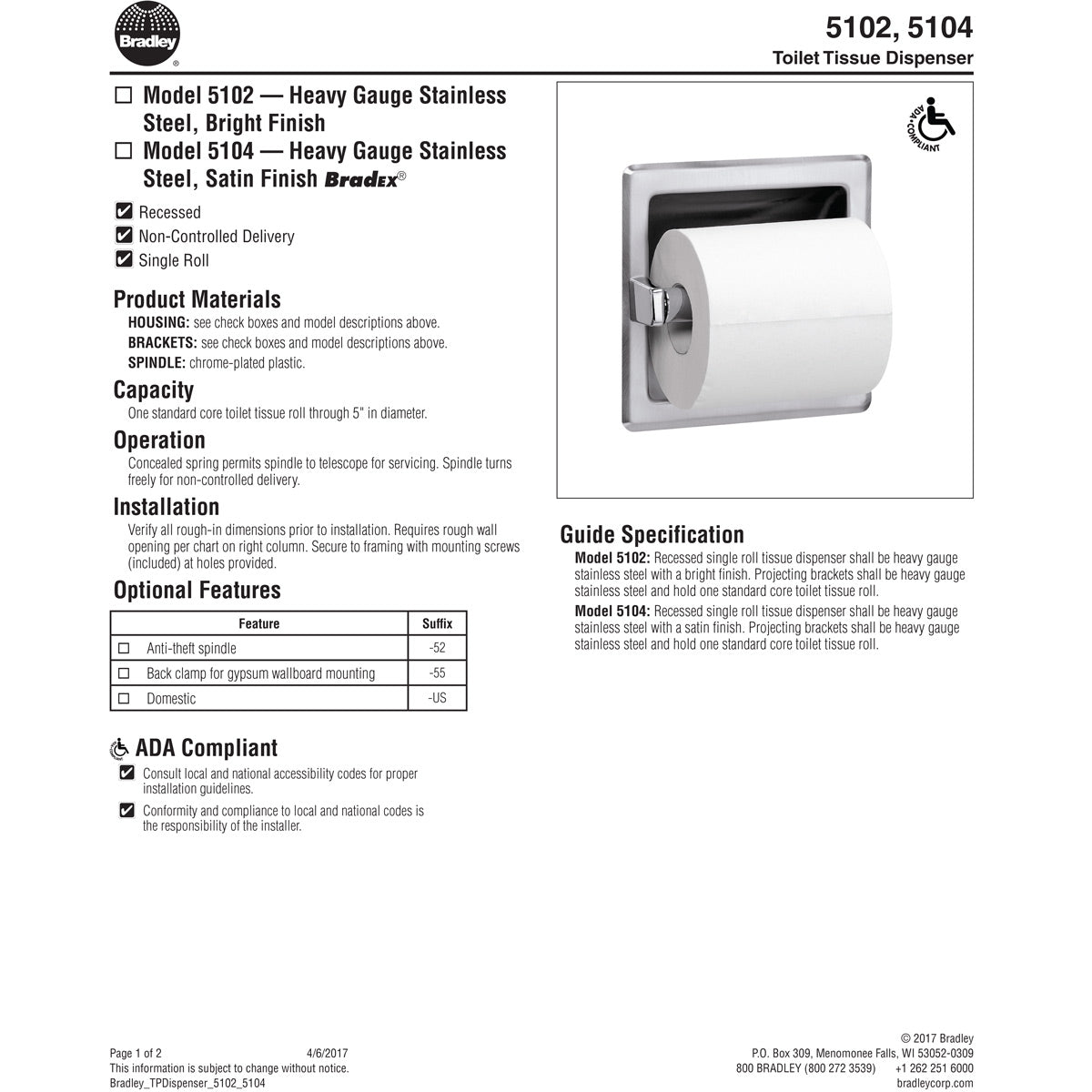 Bradley Toilet Tissue Disp- Recess, Satin Ss, 5104-00