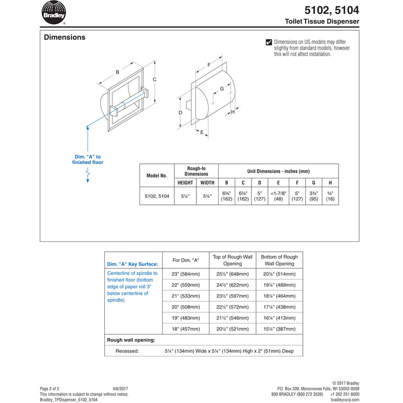 Bradley Toilet Tissue Disp- Recess, Satin Ss, 5104-00