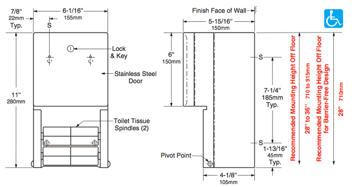 Bobrick B-4288 Contura Series Multi-Roll Toilet Paper Dispenser