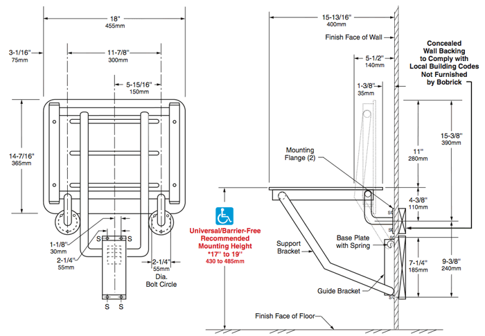 Bobrick B-5191 Barrier Free Commercial Shower/Dressing-Area Seat