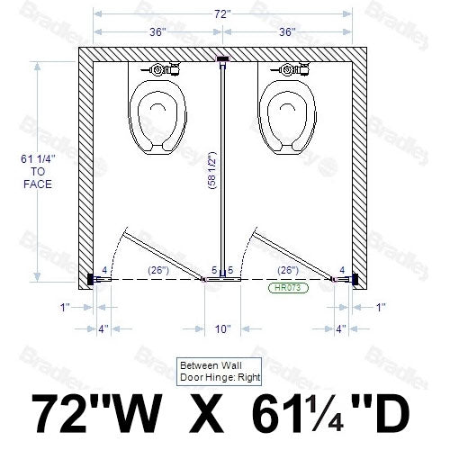 Bradley Toilet Partition, 2 Between Wall Compartments, Stainless Steel, 72"W x 61 1/4"D - BW23660