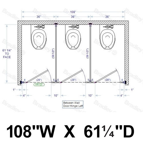 Bradley Toilet Partition, 3 Between Wall Compartments, Stainless Steel, 108"Wx61 1/4"D - BW33660