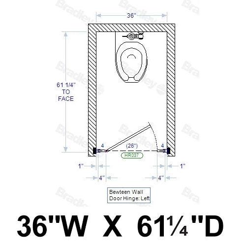 Bradley Toilet Partition, 1 Between Wall Compartment, Stainless Steel, 36"W x 61 1/4"D - BW13660