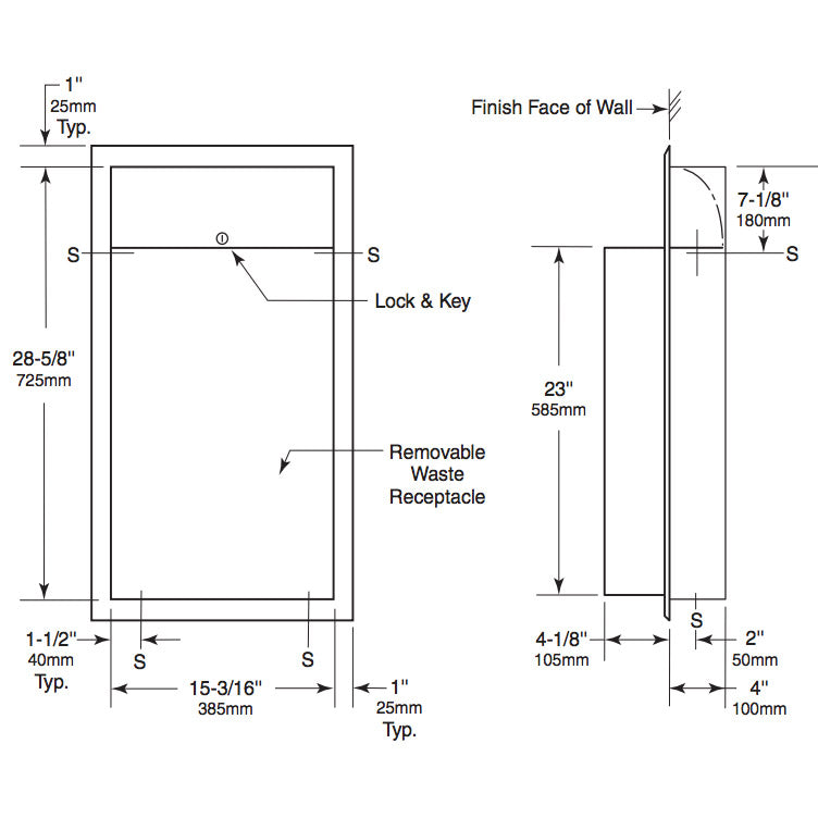 Bobrick B-3644 Commercial Waste Receptacle, Stainless Steel, Recessed