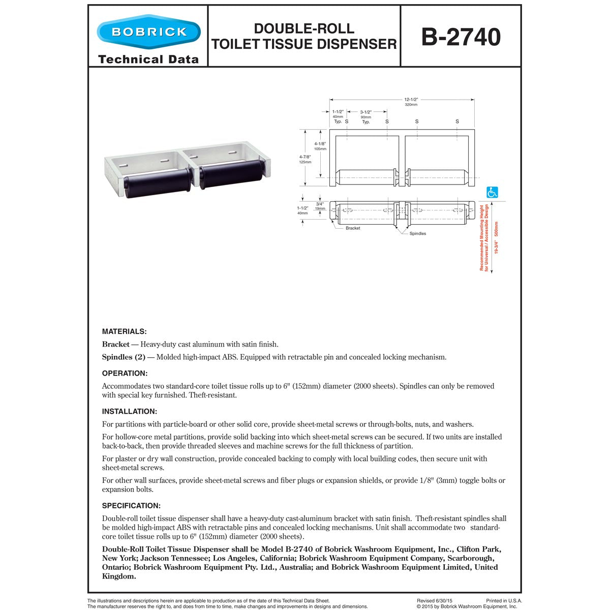 Bobrick B-2740 Restroom Double-Roll Toilet Paper Dispenser