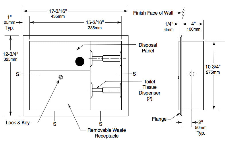 Bobrick B-3094 Recessed Sanitary Napkin Disposal and Toilet Tissue Dispenser