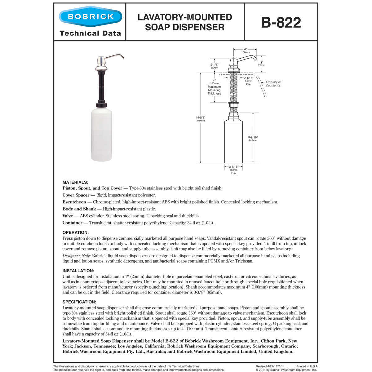 Bobrick B-822 Commercial Liquid Soap Dispenser, Manual, Drop-In