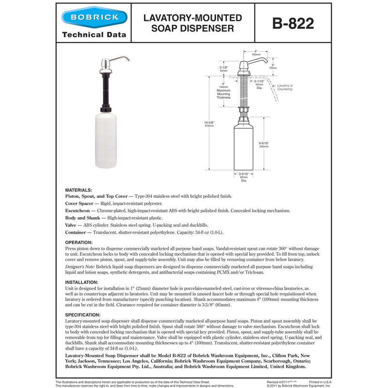 Bobrick B-822 Commercial Liquid Soap Dispenser, Manual, Drop-In