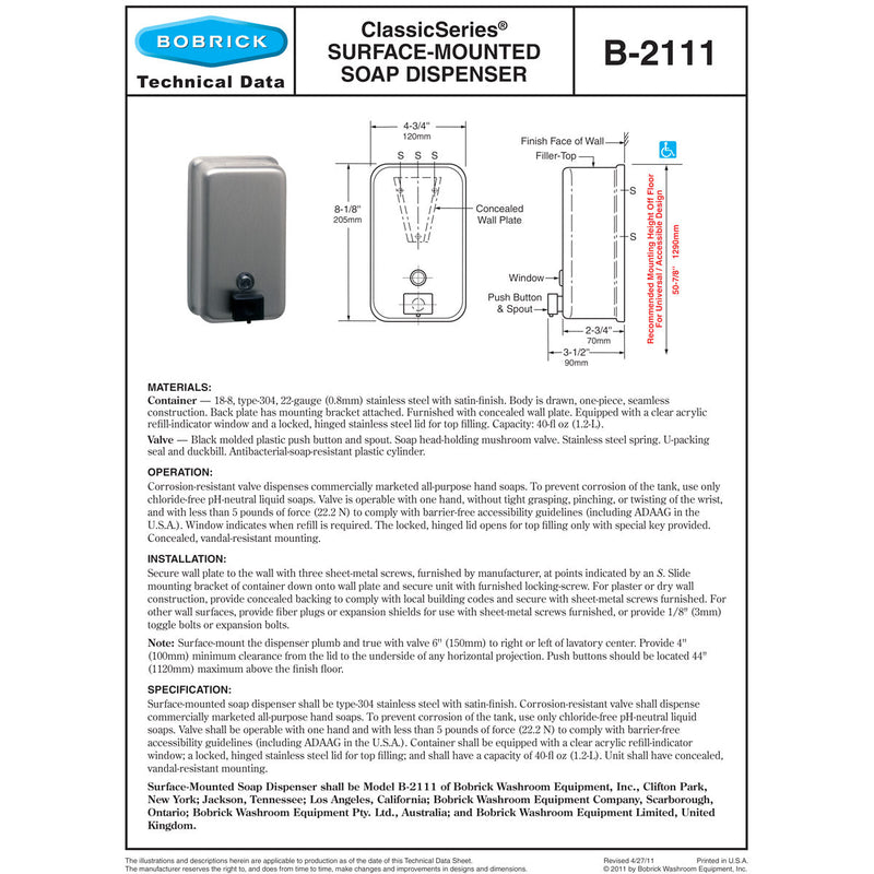 Bobrick B-2111 Commercial Soap Dispenser, Stainless Steel, Surface Mount