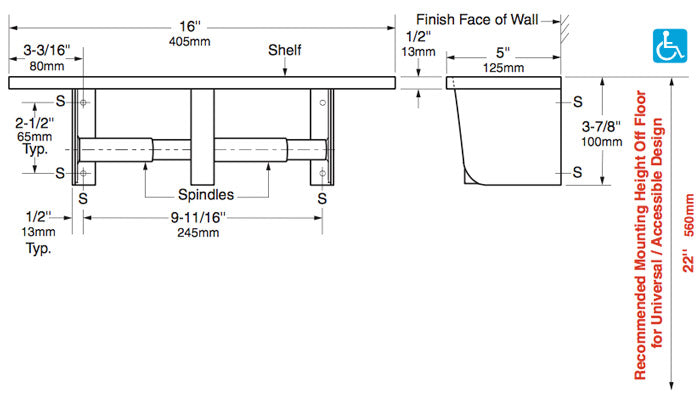 Bobrick B-2840 Two-Roll Restroom Toilet Paper Dispenser Utility Shelf