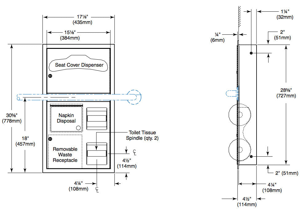 Bradley 5912-00 Commercial Toilet Paper/Seat Cover Dispenser, Recessed-Mounted, Stainless Steel