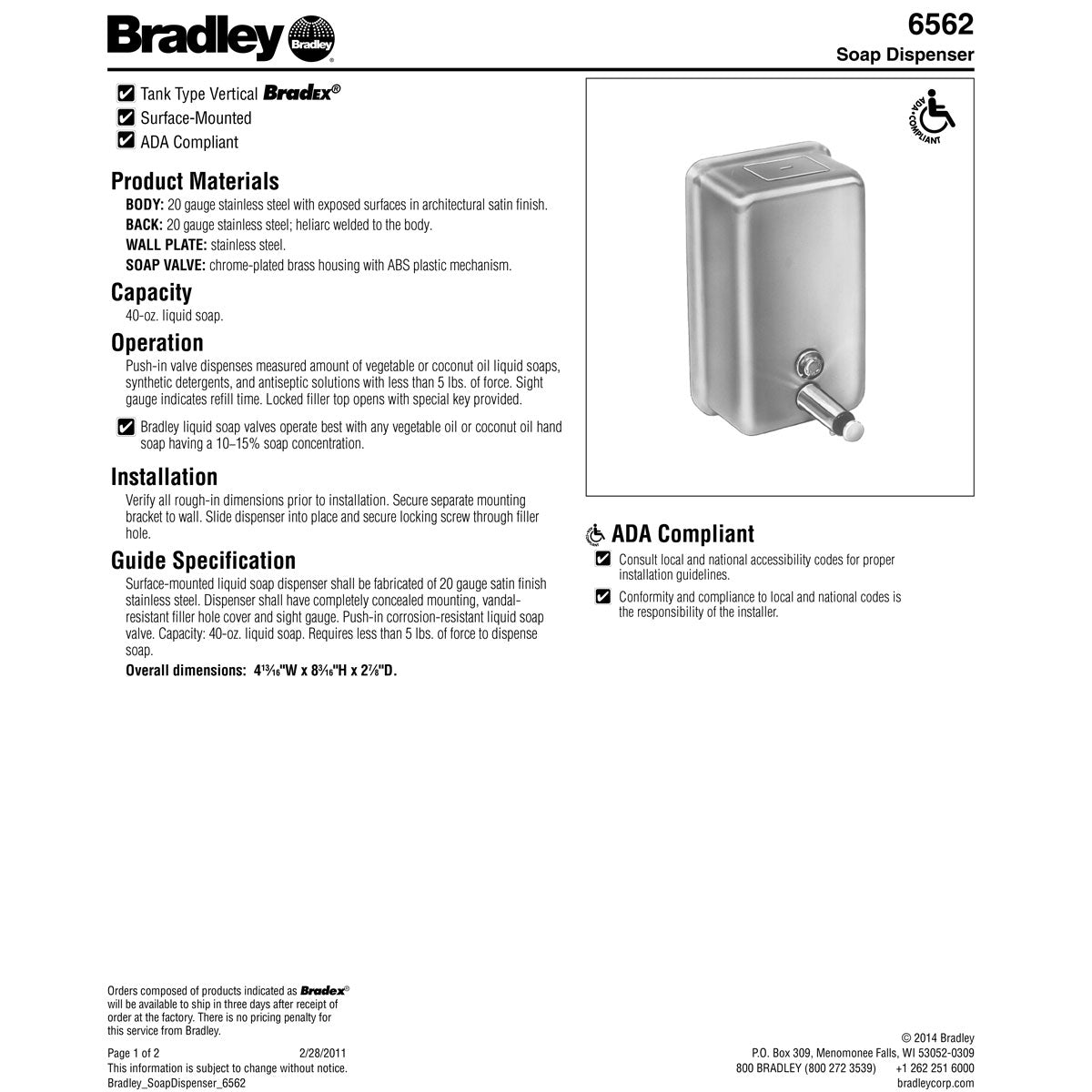 Bradley Liquid Soap Dispenser Surface Mount, 6562