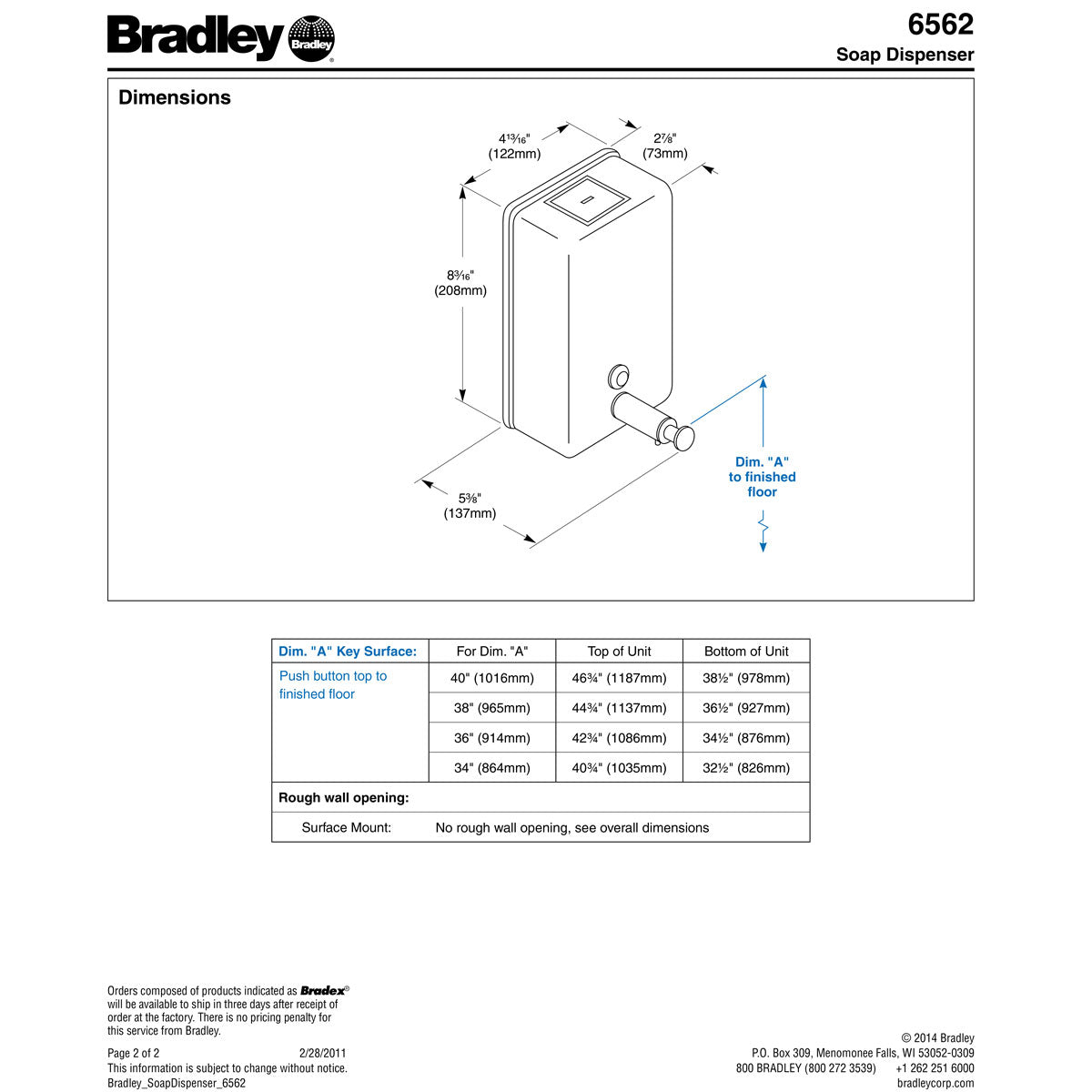 Bradley Liquid Soap Dispenser Surface Mount, 6562