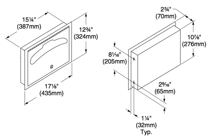 Bradley BX-Seat Cover Dispenser, Recessed Mounting (Straight Opening, No Longer "Hanger Type"), 584-00