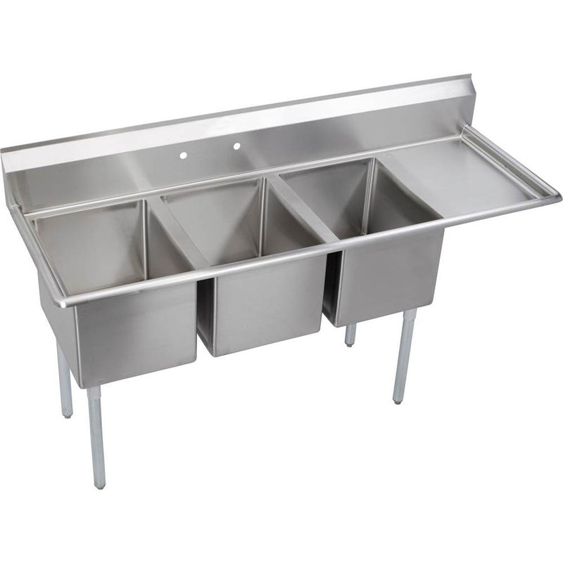 Elkay E3C16X20-R-18X Economy Scullery Sink, 3-Compartment 12" Deep Bowl(s), 18" Right Drainboard, 72.5 (L) X 25.75 (W) X 45.75 (H) Over All