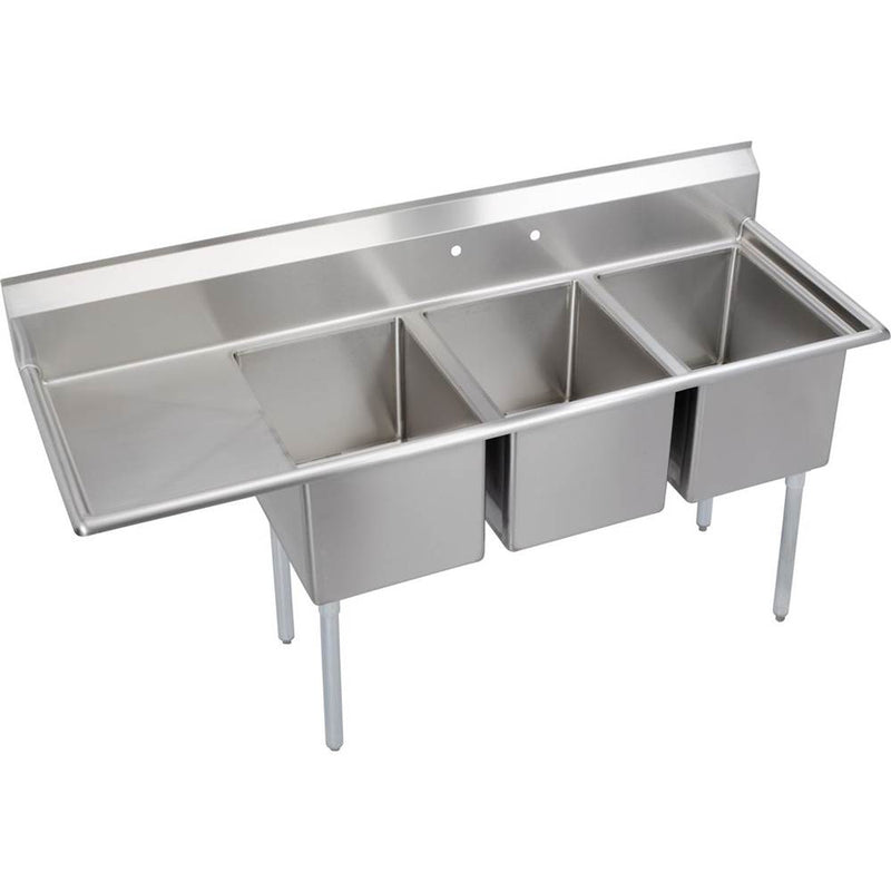 Elkay 3C18X24-L-18X Standard Scullery Sink, 3-Compartment 12" Deep Bowl(s), 18" Left Drainboard, 78.5 (L) X 29.75 (W) X 46.75 (H) Over All
