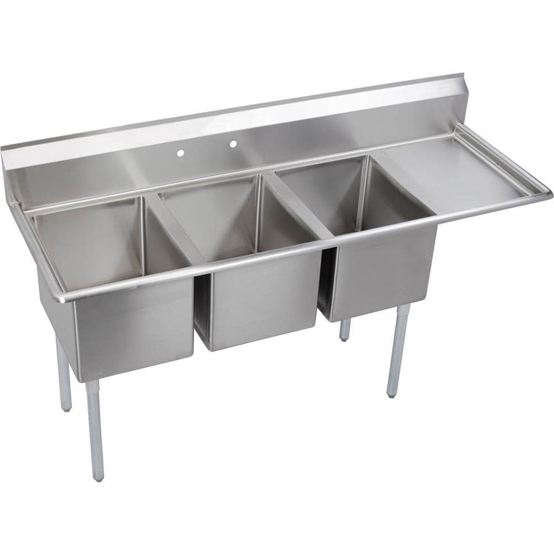 Elkay 3C18X24-R-18X Standard Scullery Sink, 3-Compartment 12" Deep Bowl(s), 18" Right Drainboard, 78.5 (L) X 29.75 (W) X 46.75 (H) Over All