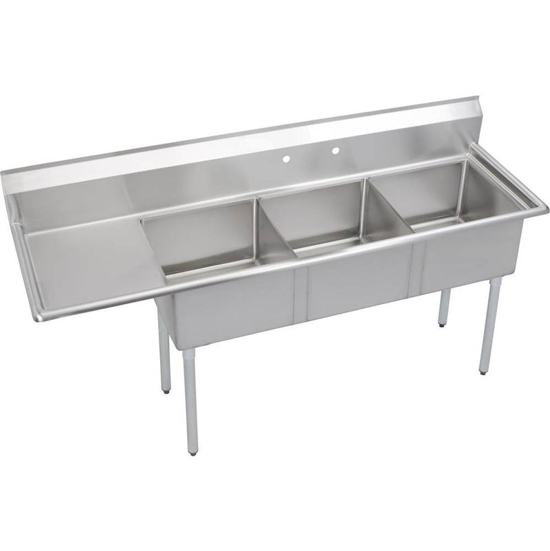 Elkay S3C18X18-L-18X Super Economy Scullery Sink, 3-Compartment 14" Deep Bowl(s), 18" Left Drainboard, 74.5 (L) X 23.75 (W) X 45.75 (H) Over All
