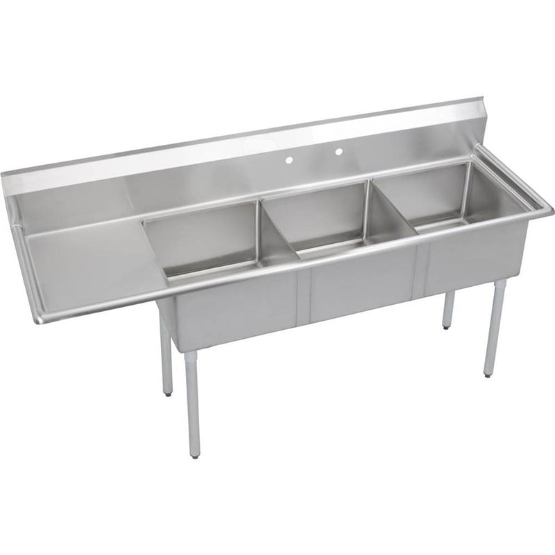 Elkay SE3C18X18-L-18X Super Economy Scullery Sink, 3-Compartment 11" Deep Bowl(s), 18" Left Drainboard, 90 (L) X 74.5 (W) X 46 (H) Over All