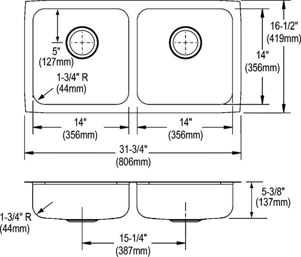 Elkay ELUHAD321655 18 Gauge Stainless Steel 31.75' x 16.5' x 5.375' Double Bowl Undermount Kitchen Sink