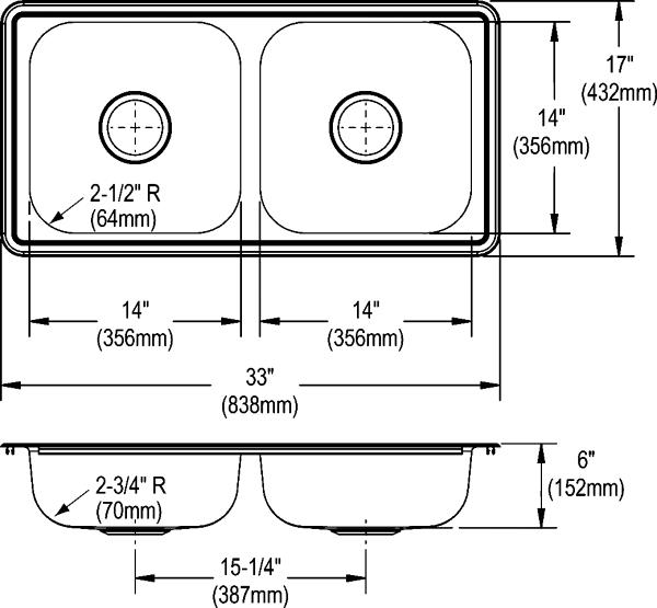 Elkay D23317 22 Gauge Stainless Steel 33" x 17" x 6" Double Bowl Top Mount Kitchen Sink