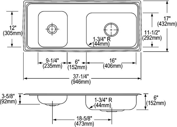 Elkay DRKADQ371760L4 18 Gauge Stainless Steel 37.25' x 17' x 6' Double Bowl Top Mount Sink