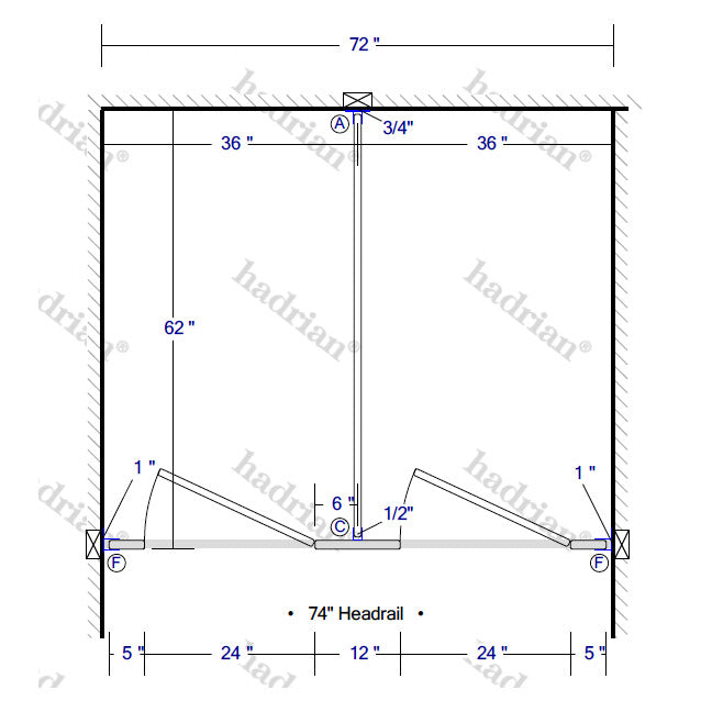 Hadrian Toilet Partition, 2 Between Wall Compartments, Stainless Steel, 72"W x 62"D - BW23660-SS-HADRIAN