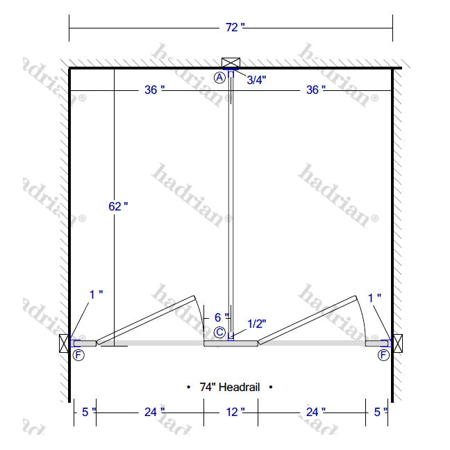 Hadrian Toilet Partition, 2 Between Wall Compartments, Stainless Steel, 72