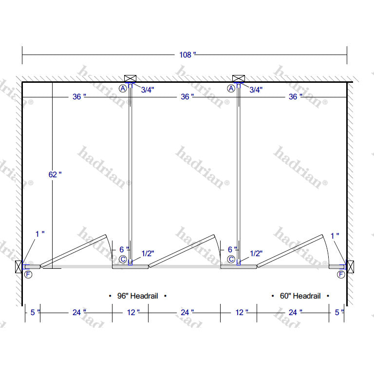 Hadrian Toilet Partition, 3 Between Wall Compartments, Stainless Steel, 108"W x 62"D - BW33660-SS-HADRIAN