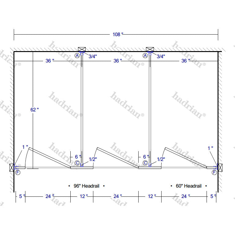 Hadrian Toilet Partition, 3 Between Wall Compartments, Stainless Steel, 108"W x 62"D - BW33660-SS-HADRIAN