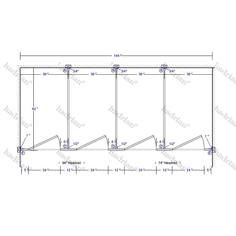 Hadrian Toilet Partition, 4 Between Wall Compartments, Stainless Steel, 144"W x 62"D - BW43660-SS-HADRIAN