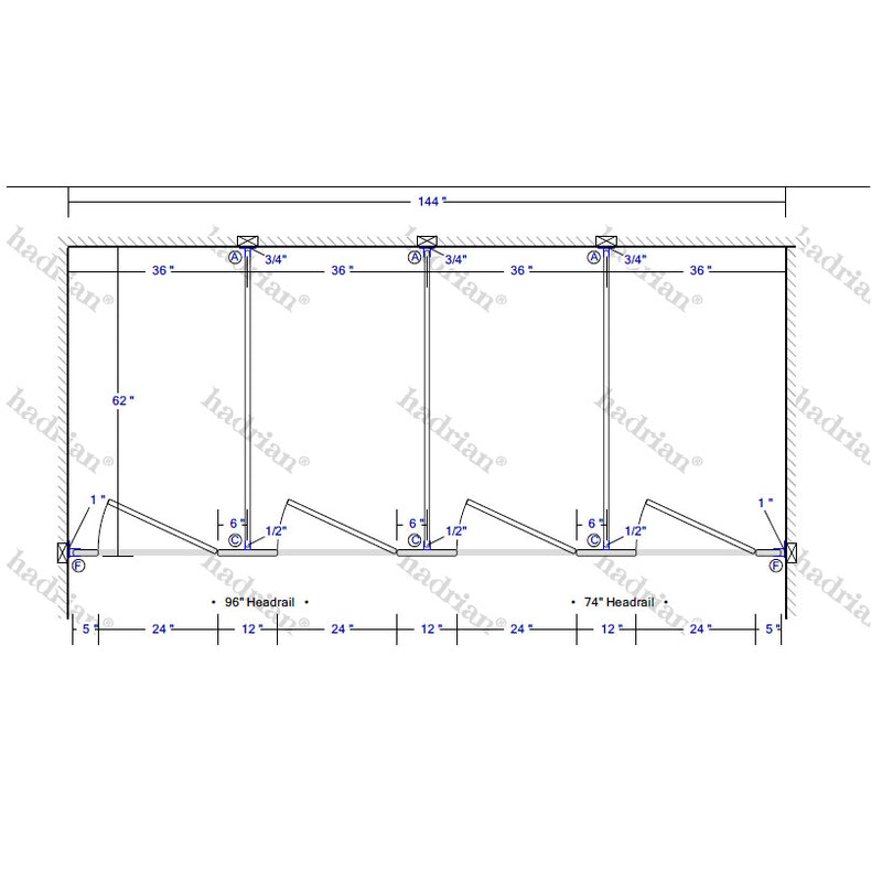 Hadrian Toilet Partition, 4 Between Wall Compartments, Stainless Steel, 144"W x 62"D - BW43660-SS-HADRIAN