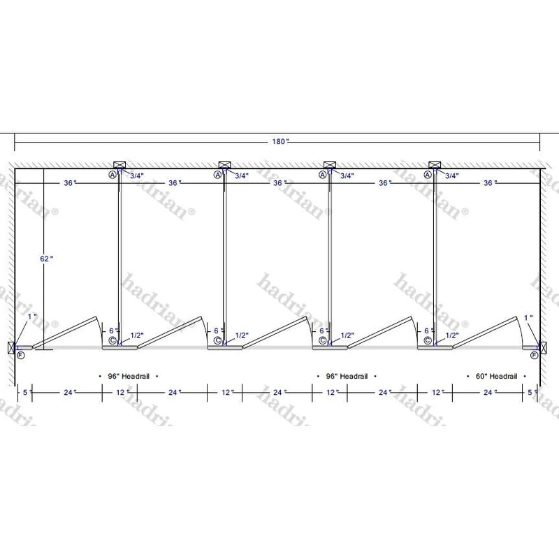 Hadrian Toilet Partition, 5 Between Wall Compartments, Metal, 180