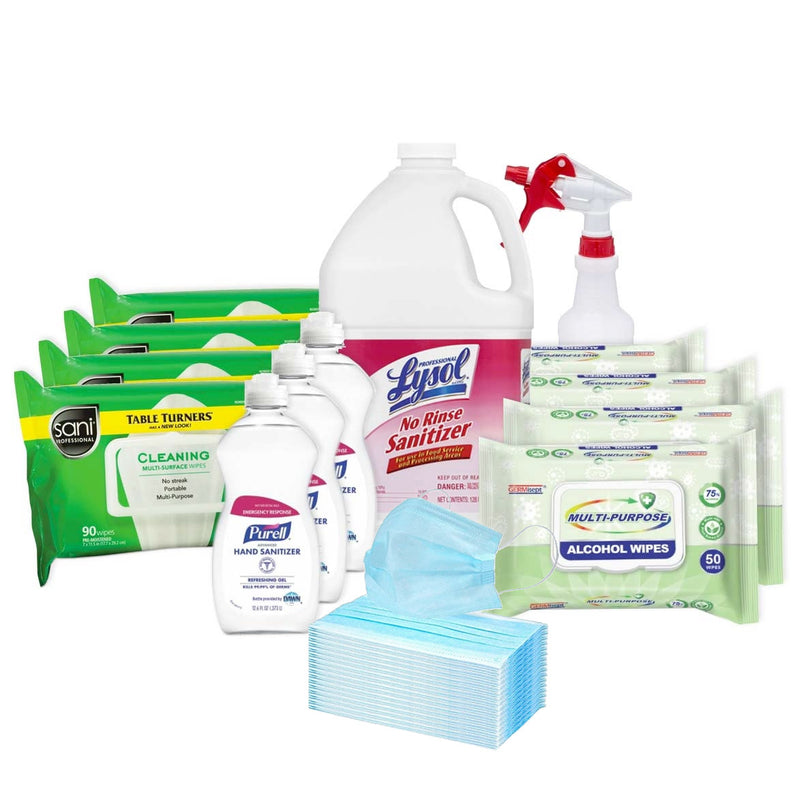Back to Work Kit w/ Lysol Disinfectant Sanitizer, Purell Hand Sanitizer, Alcohol Wipes, 3-Ply Masks and Spray Bottle - LNRKIT-1