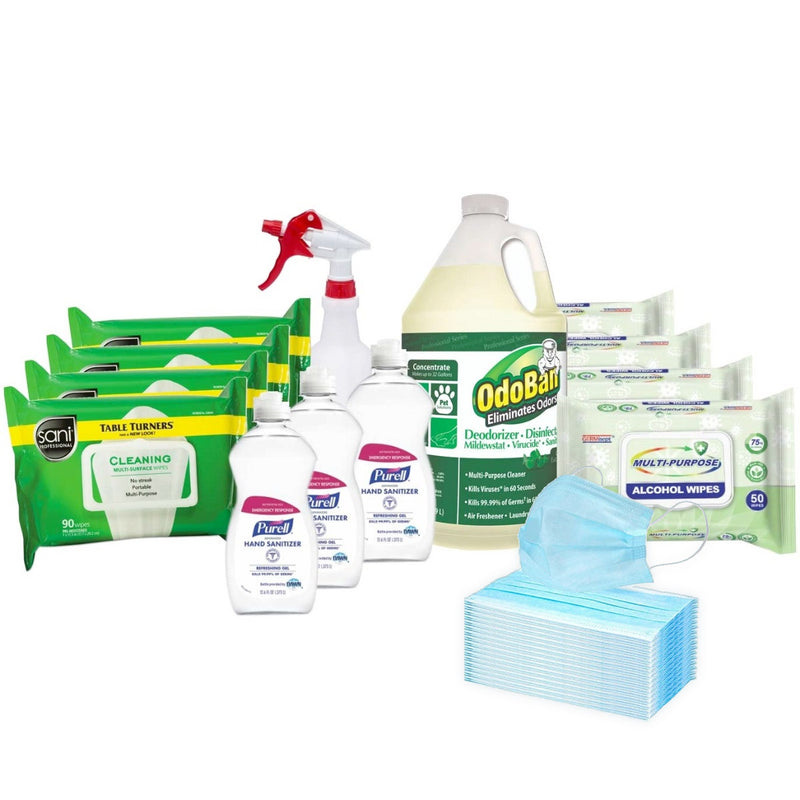Back to Work Kit w/ Odoban Disinfectant, Purell Hand Sanitizer, Alcohol Wipes, 3-Ply Masks and Spray Bottle - OBCKIT-4