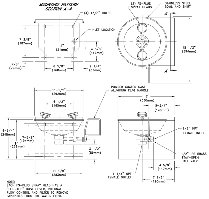 Guardian G1753 Eye/Face Wash Station, Wall Mounted, Stainless Steel Bowl and Skirt