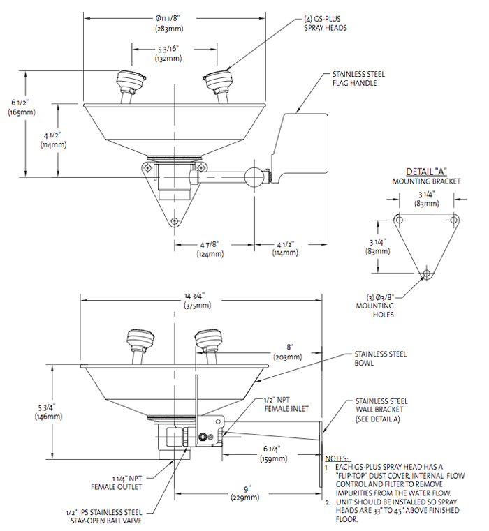 Guardian G1791 Wall-Mounted Stainless Steel Emergency Eye/Face Wash